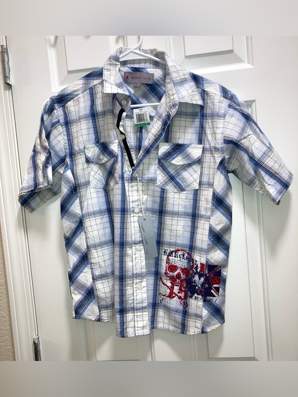 Radius Boys Short Sleeve Button Down Shirt Blue White Size Large new